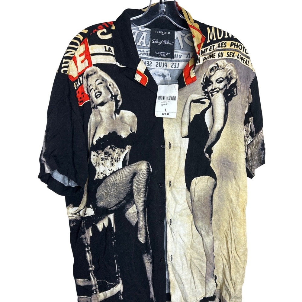 Forever 21 Large Mens Marilyn Monroe NEW! Graphic Button Up Shirt Black White